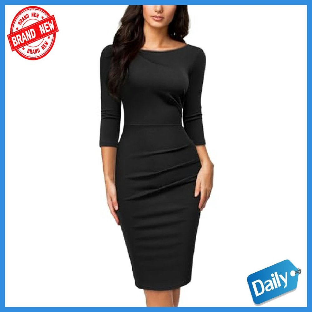 Retro Ruffle 2/3 Sleeve Slim Work Dress Pencil Style - Picture 2 of 8